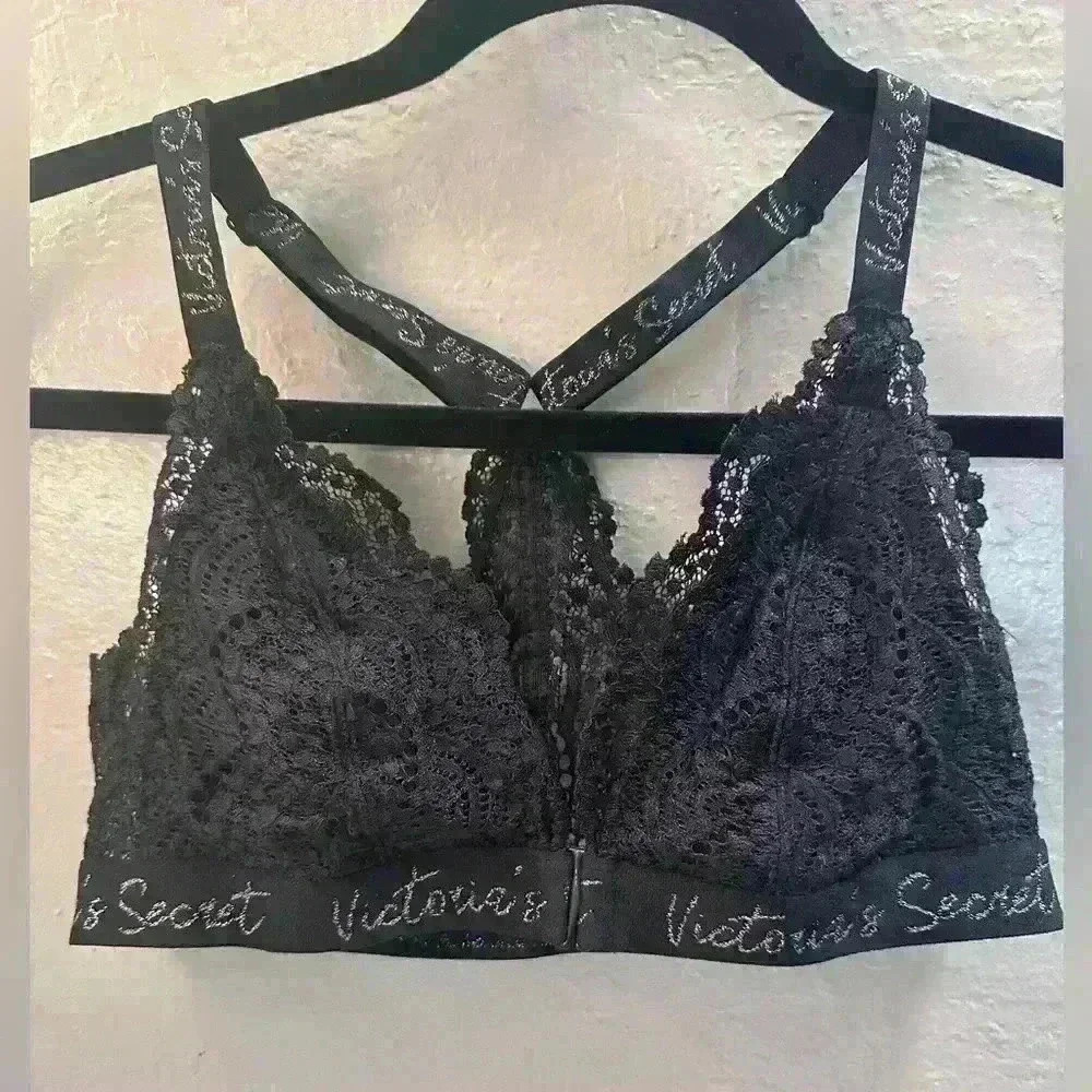 Victoria's Secret Black Lace Bralette with Gold Script. Front Closure. Size S